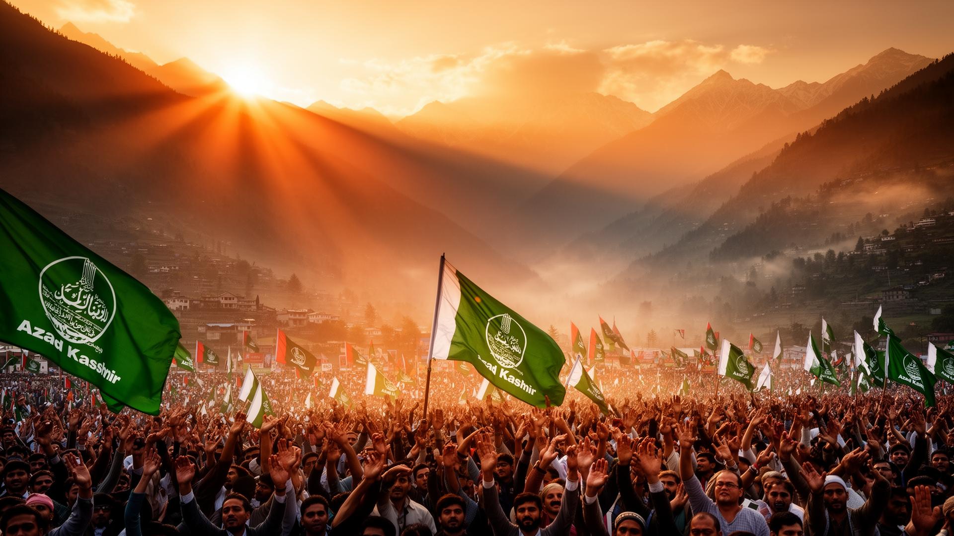 Peaceful rally in Kashmir mountains with Azad Kashmir flags at sunrise